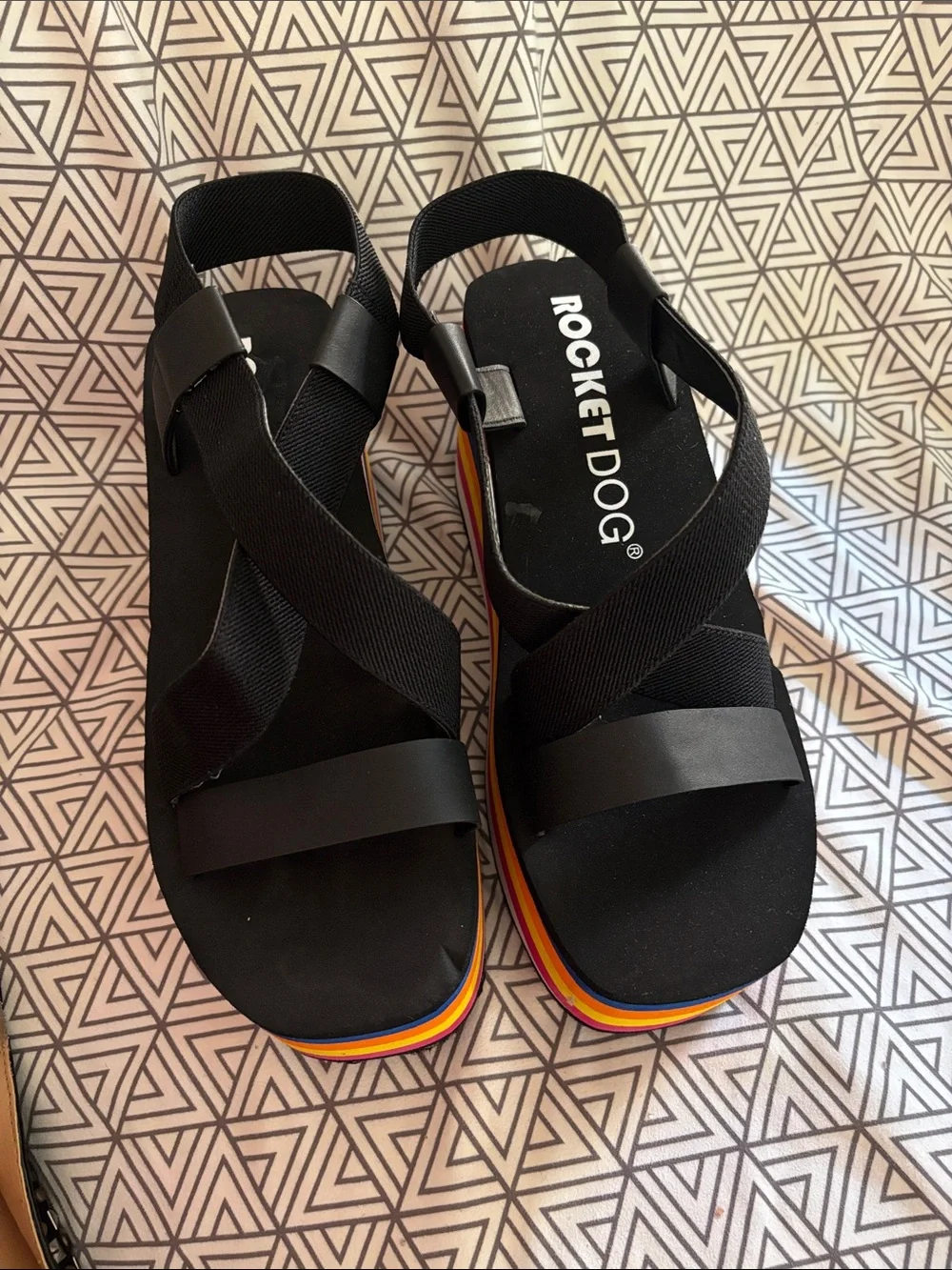 Rocket Dog Black Platform Sandals with Multicolor Rainbow Stripes